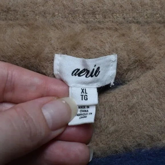 Aerie Oversized Fuzzy Striped Sweater Tan Red Blue Cozy Warm Womens XL - Picture 3 of 6